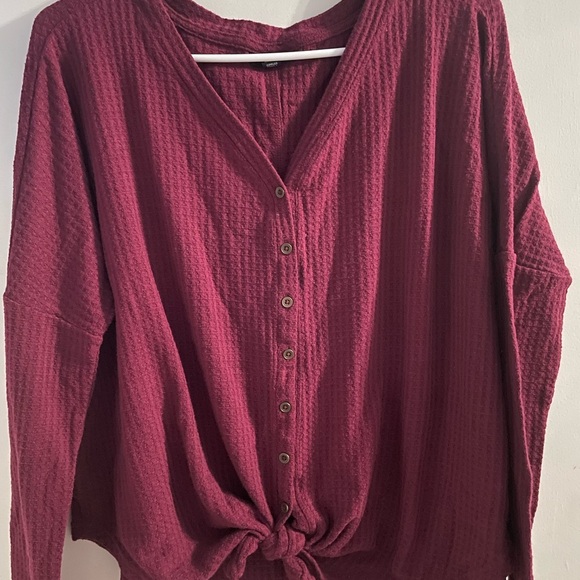 Women's Oversized Burgundy Front-knot Button-Up Top in size medium - Picture 3 of 5